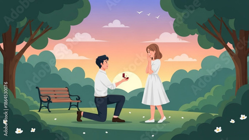 Man proposing to woman in park at sunset with trees and bench with proposal and romance and love and engagement and couple and romantic and outdoor