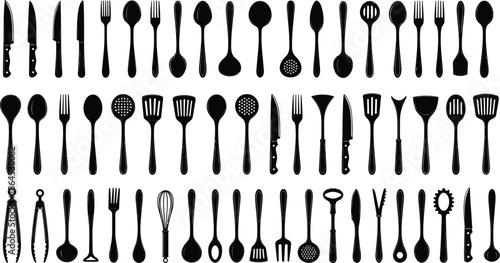 Black silhouette vector collection of various kitchen utensils including knives forks spoons spatulas whisks and professional cooking tools set