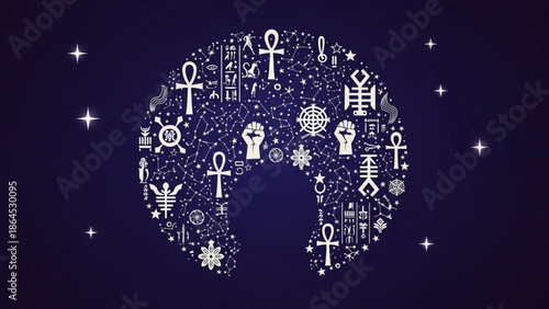 Egyptian hieroglyphic symbols and stars forming a crescent shape on dark blue background with white details and sparkles with mystical and spiritual