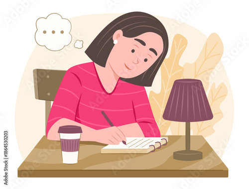 Young Woman Writing on Notebook while Thinking Good Idea for Education, Hobby and Leisure Concept Illustration