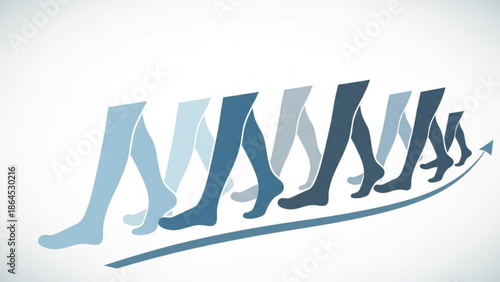 A group of blue legs running in a line with an arrow pointing upward, symbolizing progress and movement with success and achievement and motivation