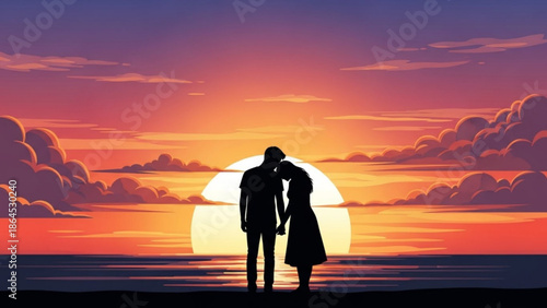 Romantic couple silhouette holding hands at sunset on beach with vibrant orange purple sky and fluffy clouds with love and romance and together