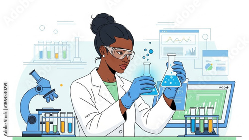 Female scientist in lab coat and gloves working with beaker and test tubes in laboratory setting with microscope and computer with research and experiment