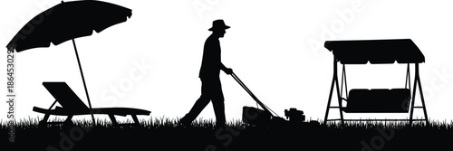 Silhouette of man mowing lawn in backyard with garden swing, beach umbrella and sun lounger, professional landscaping service, summer outdoor garden maintenance work,