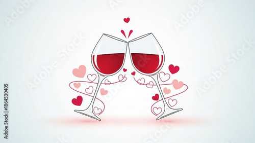 Two wine glasses with red wine and hearts around them, symbolizing love and romance on a white background, perfect for valentine's day or wedding celebrations