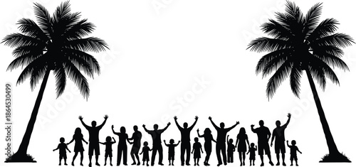 Silhouette vector illustration of happy families and children cheering under tropical palm trees, summer vacation beach party and community celebration group concept, outdoors.