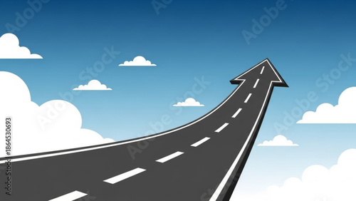 A cartoon road with an upward arrow pointing to the sky with clouds with success and progress and growth and direction and motivation and inspiration