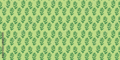 Vibrant green floral pattern with dark green flowers and leaves