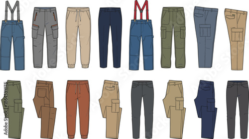 Collection of various men’s pants including cargo joggers jeans workwear trousers and carpenter styles displayed in detailed fashion illustration set