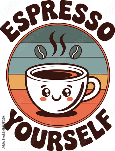 Colorful Espresso Cup with Coffee Beans and Steam