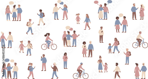 Flat illustration of diverse people walking, talking, cycling, and interacting with speech bubbles, showing families, couples, friends, and everyday community activities