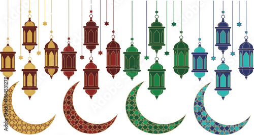 Islamic Lanterns with Golden Crescent Moon and Stars Illustration