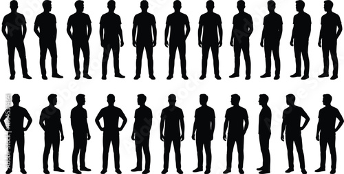 Men silhouette set showing different standing poses, casual male figures, human body outlines, modern people icons isolated illustration