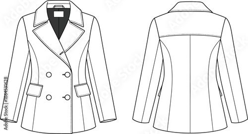 Fashion technical drawing of a double breasted coat with lapel and side view details