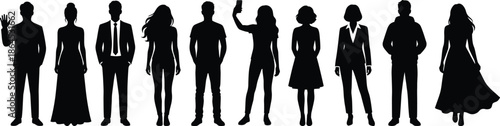 People silhouette set featuring diverse men and women standing, waving, walking, business and casual outfits, modern lifestyle illustration isolated