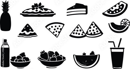 A  vector illustration showing a set of food icons including cake coffee pizza bread and desserts designed in a simple cartoon style for restaurant and bakery use