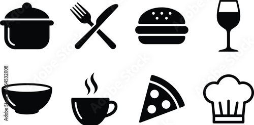 Set of food and kitchen icons including pot utensils burger wine cup bowl pizza and chef hat in bold simple silhouette style