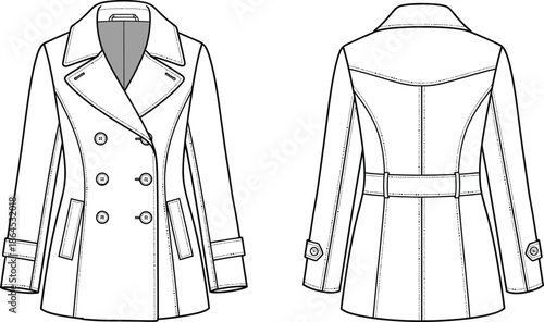 Technical fashion illustration of a classic double breasted coat displaying front and back views in black and white