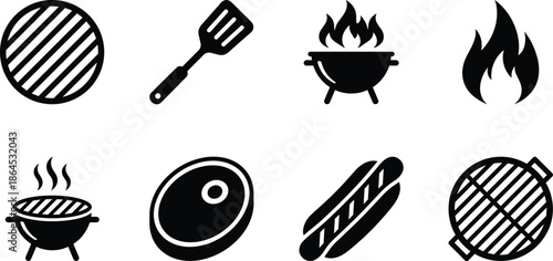 Set of barbecue and grill icons including grill grate spatula fire steak hotdog and smoking barbecue in bold black silhouette style
