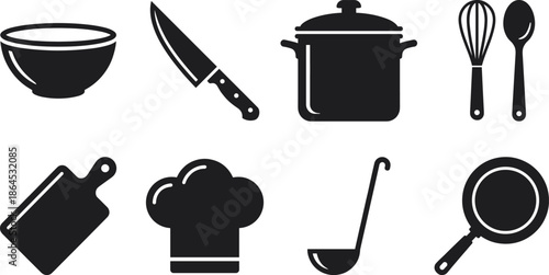 Set of kitchen and cooking icons including bowl knife pot whisk spoon cutting board chef hat ladle and frying pan in bold silhouette style