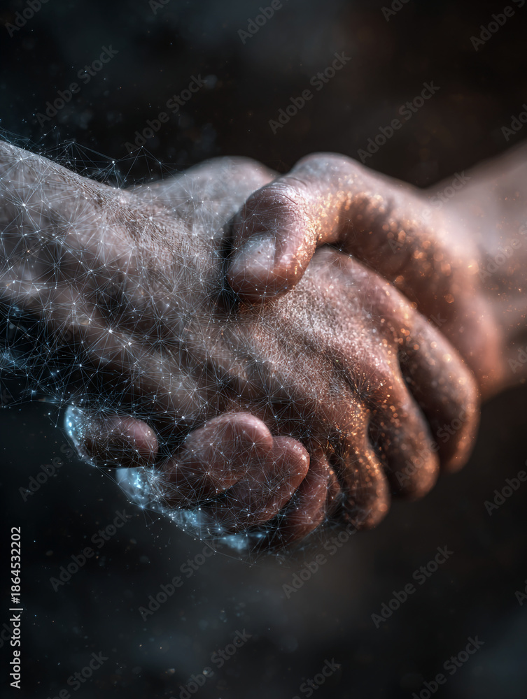 Fototapeta premium A close-up view of two sweaty hands clasped together in a firm handshake