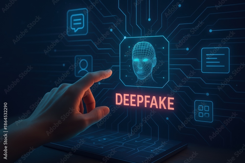 Naklejka premium Deepfake technology and facial recognition misuse, Deepfake technology raises cybersecurity concerns as digital identity fraud and ai threats increase risks of online deception and data breaches