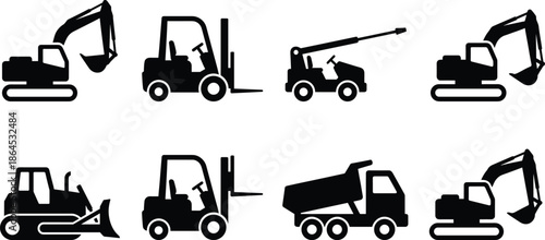 Silhouettes of construction vehicles including excavators, forklifts, bulldozer, dump truck, and crane truck representing heavy machinery, industrial equipment, and building operations