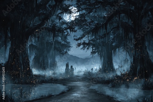 Mystical Pixelated Swamp Forest At Night