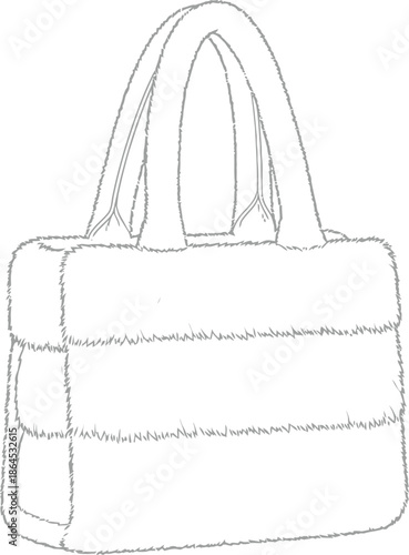 A simple line drawing depicts a white quilted tote bag with dual handles a minimalist fashion accessory