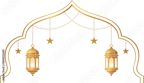 Golden Islamic Arch Frame with Hanging Lanterns and Stars