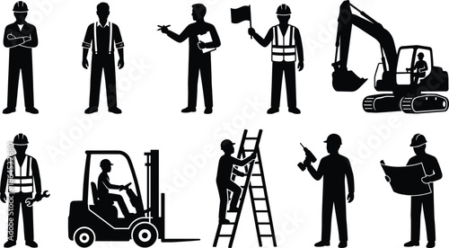 Silhouettes of construction workers operating machinery, using tools, climbing ladders, reading plans, and performing various industrial tasks with heavy equipment and safety gear