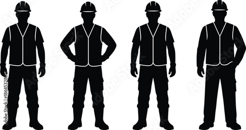 Silhouettes of construction workers wearing safety helmets and vests standing in various poses, representing labor, industry, engineering, and workplace safety
