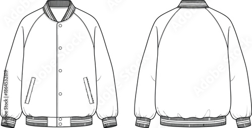 Technical illustration of a classic bomber jacket design displaying front and back views for fashion purposes