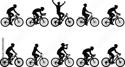 Silhouettes of cyclists riding bicycles in various dynamic poses, including racing, casual riding, drinking water, and celebrating during outdoor sports activity