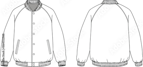 Technical illustration of a classic bomber jacket design showcasing front and back views in black and white