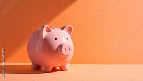 A pink ceramic piggy bank sits on an orange background, angled sunlight creates shadows