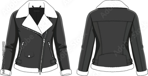A stylish black leather jacket with a white shearling collar and lining front and back view