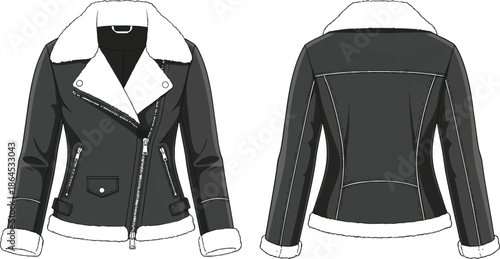 A technical fashion illustration of a black winter jacket with a fluffy white shearling collar