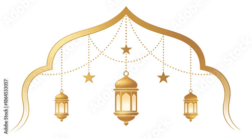 Golden Islamic Arch Frame with Hanging Lanterns and Stars