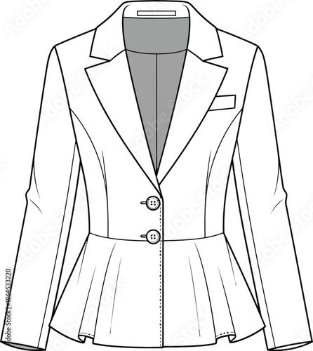 A technical sketch illustrating a women s fitted blazer with a peplum waist and single button closure