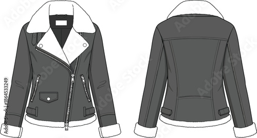 Fashion illustration of a gray sherpa lined biker jacket front and back views technical drawing