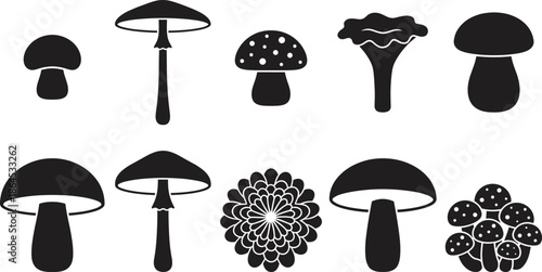 Silhouettes of mushrooms in various shapes and styles including toadstools, forest fungi, edible mushrooms, botanical designs, and natural woodland elements