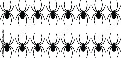 Silhouettes of spiders arranged in a repeated pattern representing insects, creepy crawlies, Halloween themes, nature creatures, arachnids, and pest illustrations