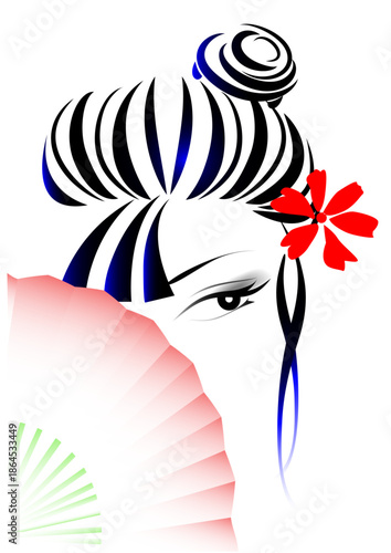 女性の顔、瞳、扇子、和風