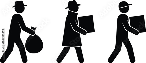 Suspicious thief silhouette icon set showing stealing actions, robbery concepts, criminal behavior, security risk symbols isolated on white background