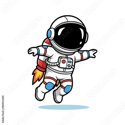 Adorable Astronaut Character Floating with Rocket Powered Jetpack Discovering Space Adventure