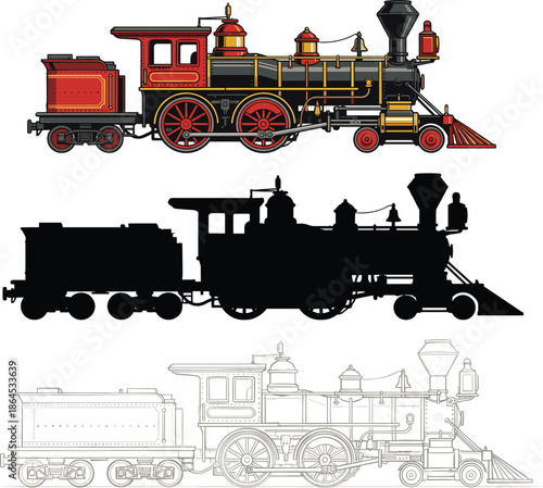 Vintage steam locomotive shown in three styles including full color silhouette and line drawing representing classic railway engine illustration and transportation design