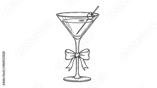 Elegant Martini Glass Line Art with Ribbon