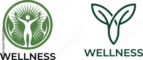 Wellness logo set with human vitality symbol and sprouting leaf mark for holistic health, growth, balance, and sustainable lifestyle brands