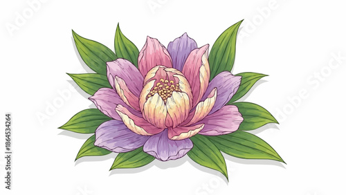 Beautiful pink and purple lotus flower illustration with green leaves.